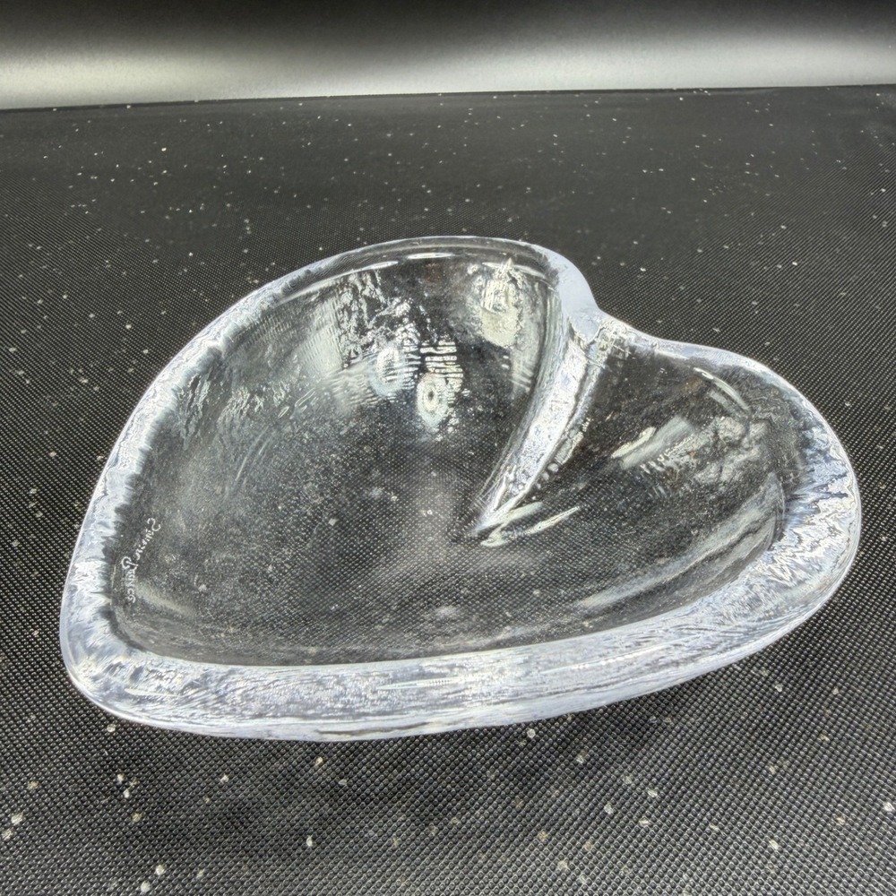 Simon Pearce Hand Blown Glass Heart Bowl Clear Textured Crystal Signed 5 Inch - Picture 9 of 12
